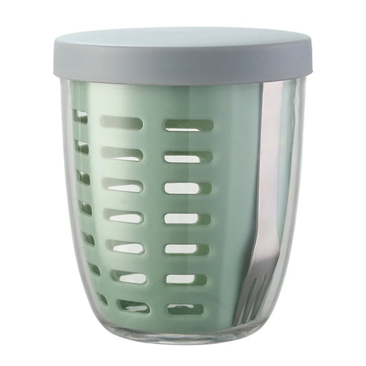 Fruit And Veggie Pot With Airtight Lid Removable Colander And Fork Portable Reusable Leakproof Storage Container Holds 600ml|20oz