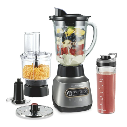 Hamilton Beach 3-in-1 Electronic Kitchen System, 800 Watts Blender with 48 oz. Glass Blending Jar, Food Processor Attachment and 20 oz. Travel Jar with Lid