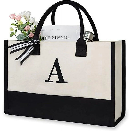 XTEILC Personalized Initial Canvas Beach Bag, Monogrammed Gift Tote Bag for Women,Personalized Birthday Gift for Mom, Teacher, Friends, Bridesmaids