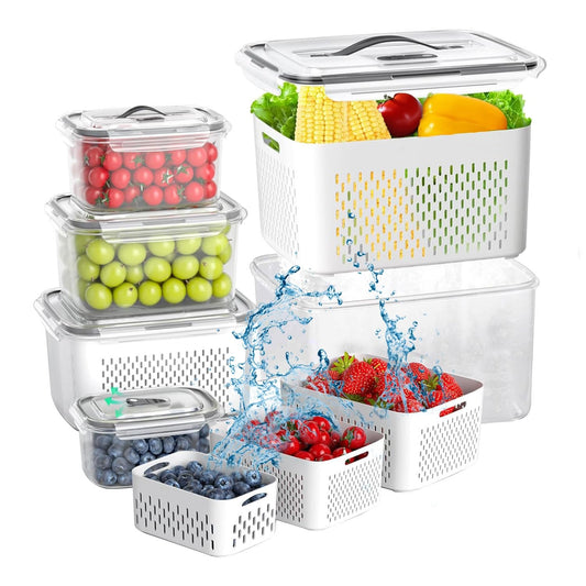 sengcou 10 PCS Fruit Storage Containers For Fridge, Produce Vegetable Saver Container with Lids Colander Vent Handle BPA-Free Large Size, Keep Fruits Veggie Food Meat Fresh C57